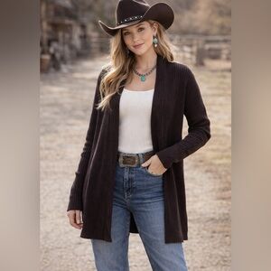 100% Extra Fine Italian Merino Wool Brown Knit Open Front Cardigan Small